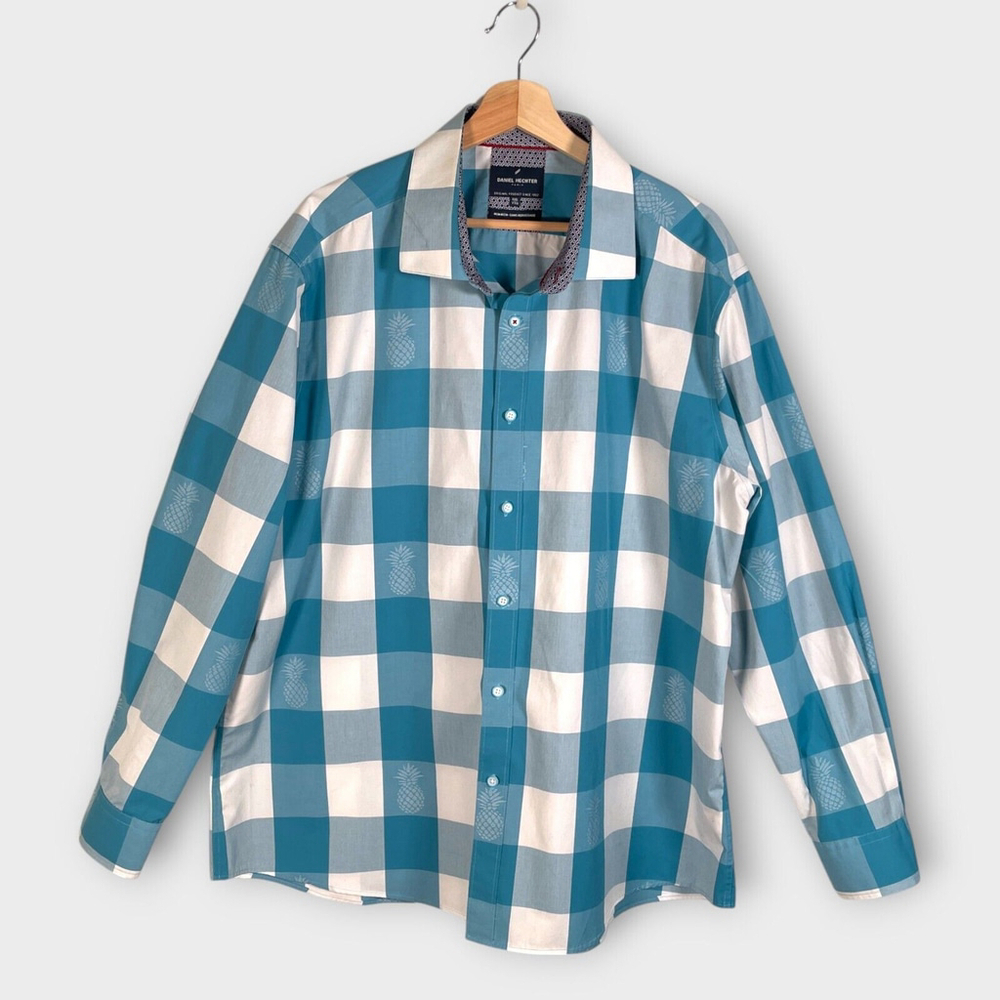 Daniel Hechter Paris Shirt XXL Long Sleeve Blue Check Pineapple 100% Cotton EUC
